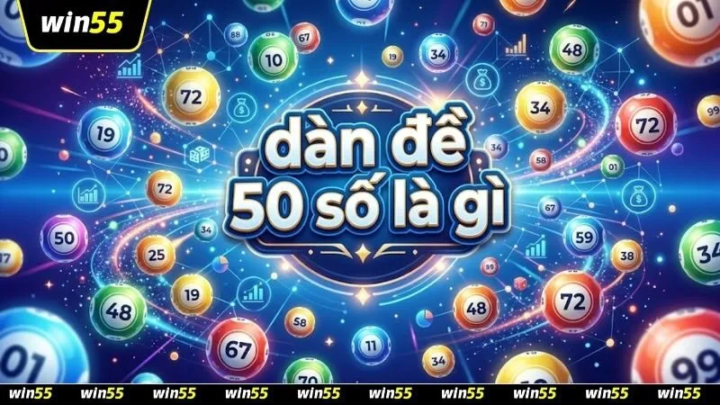 Banner thiết kế chuyên nghiệp về dàn đề 50 số là gì với biểu đồ xác suất trực quan và logo thương hiệu WIN55 uy tín